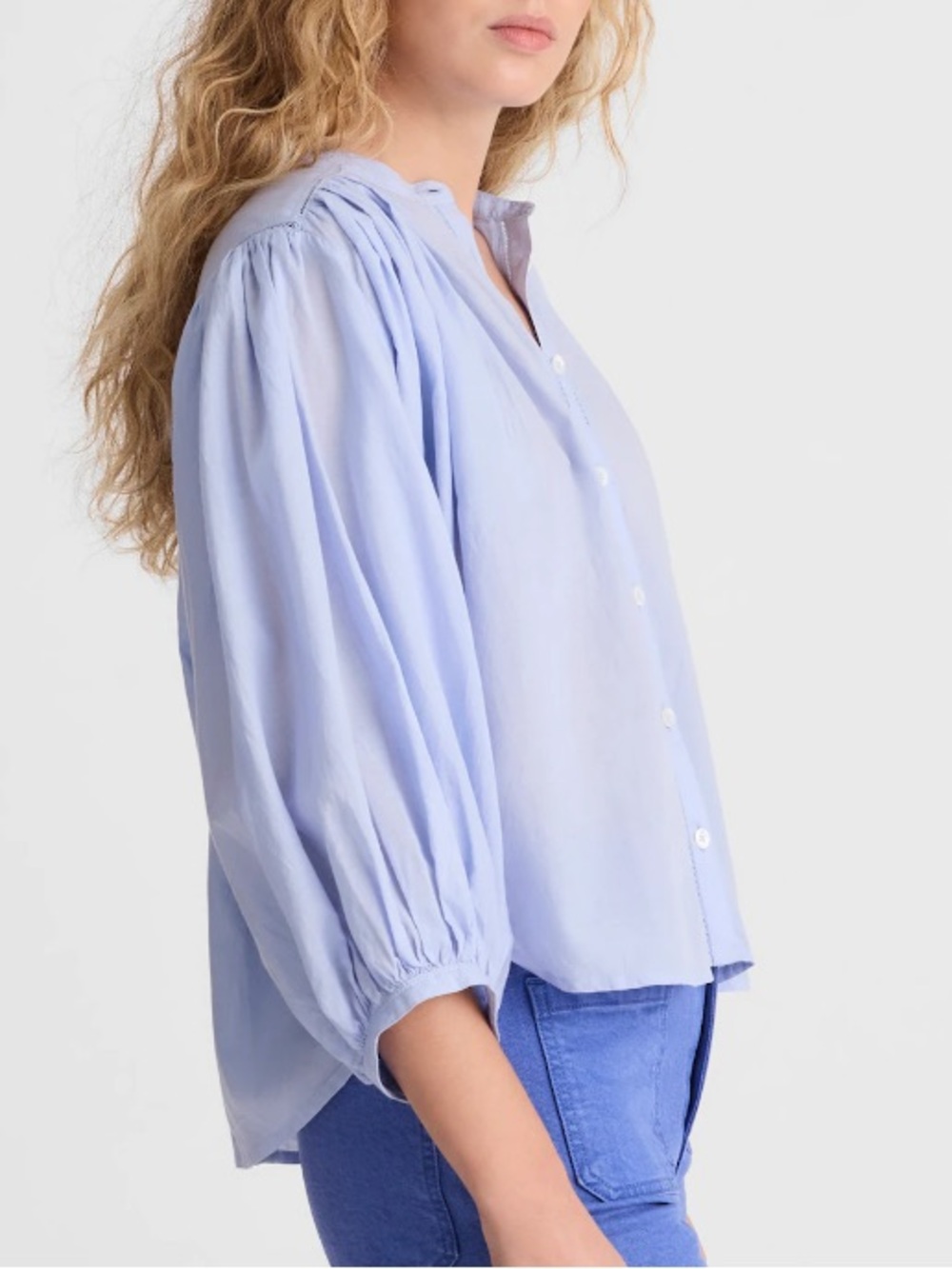 Madewell Shirred Crewneck button-up top in tranquil blue